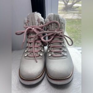 Cole Haan Light beige Leather Hiking Boots with Pink Laces